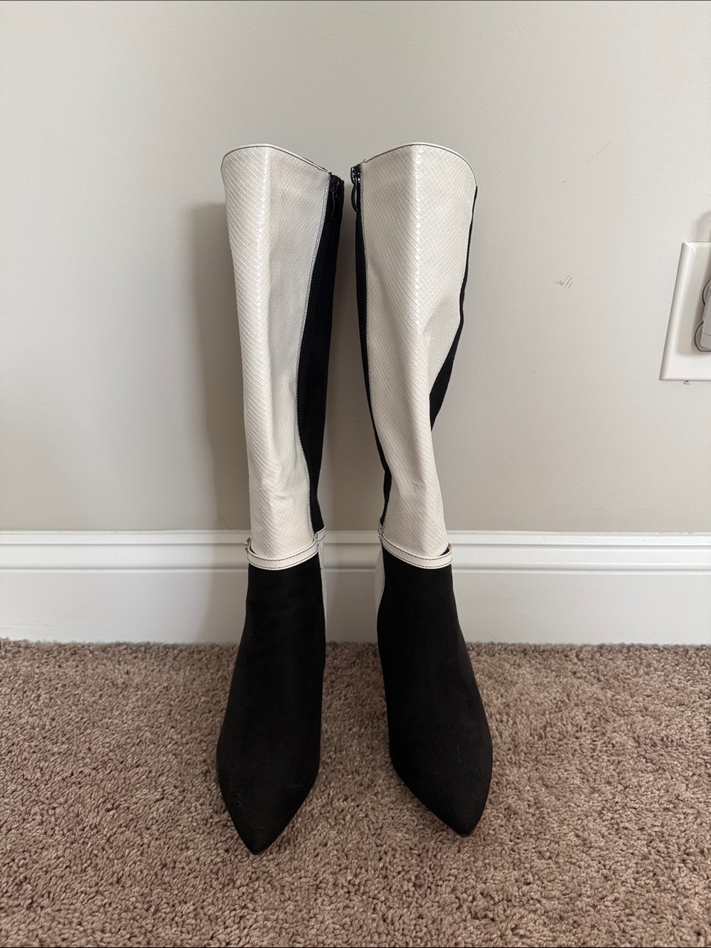 Black and White Two-Tone Over-the-Knee Pointed Boots